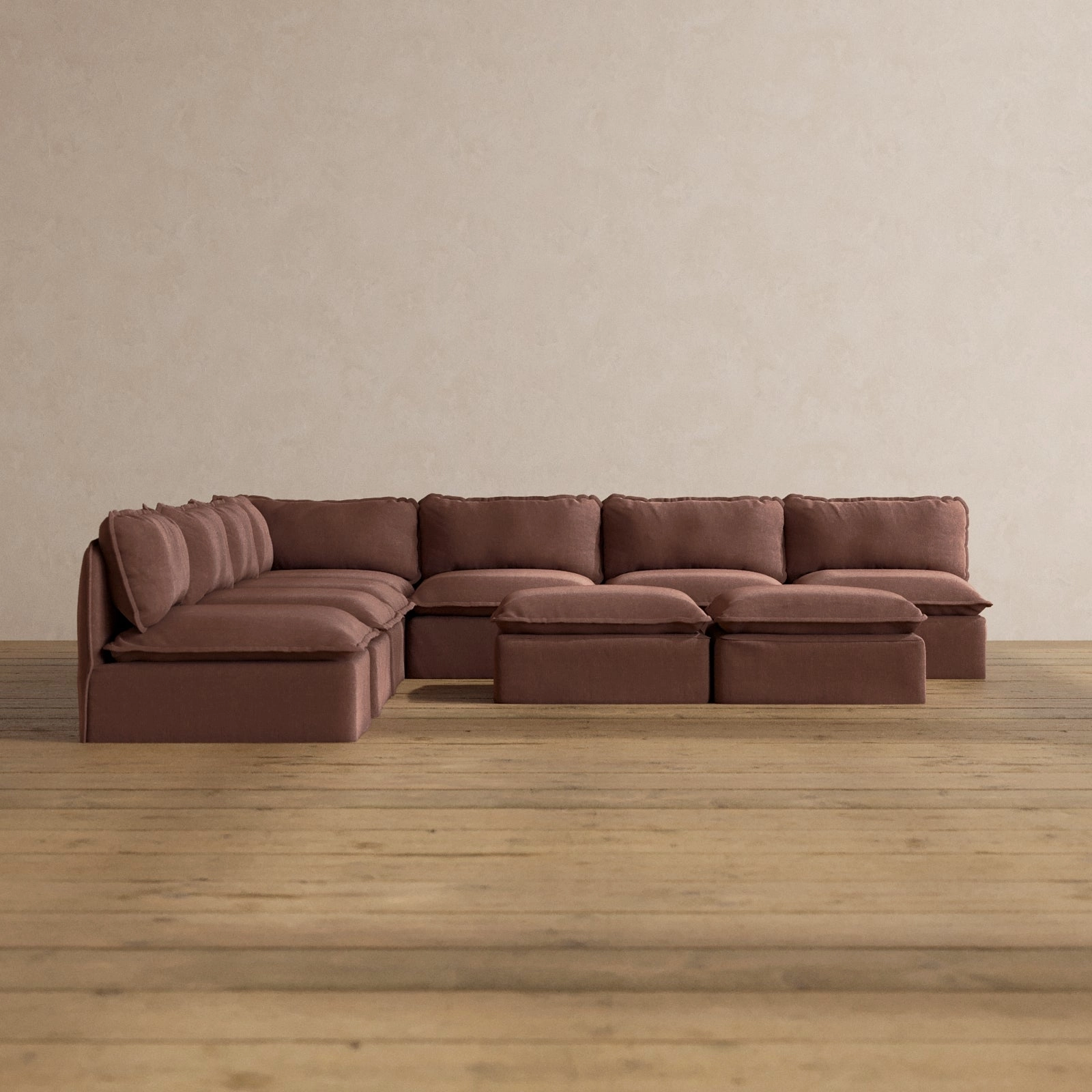 Modular Washable 7-Seater Open-Ends Corner Sectional   Bench Ottoman in Chestnut | Memorix  Seat | Contour Pillow