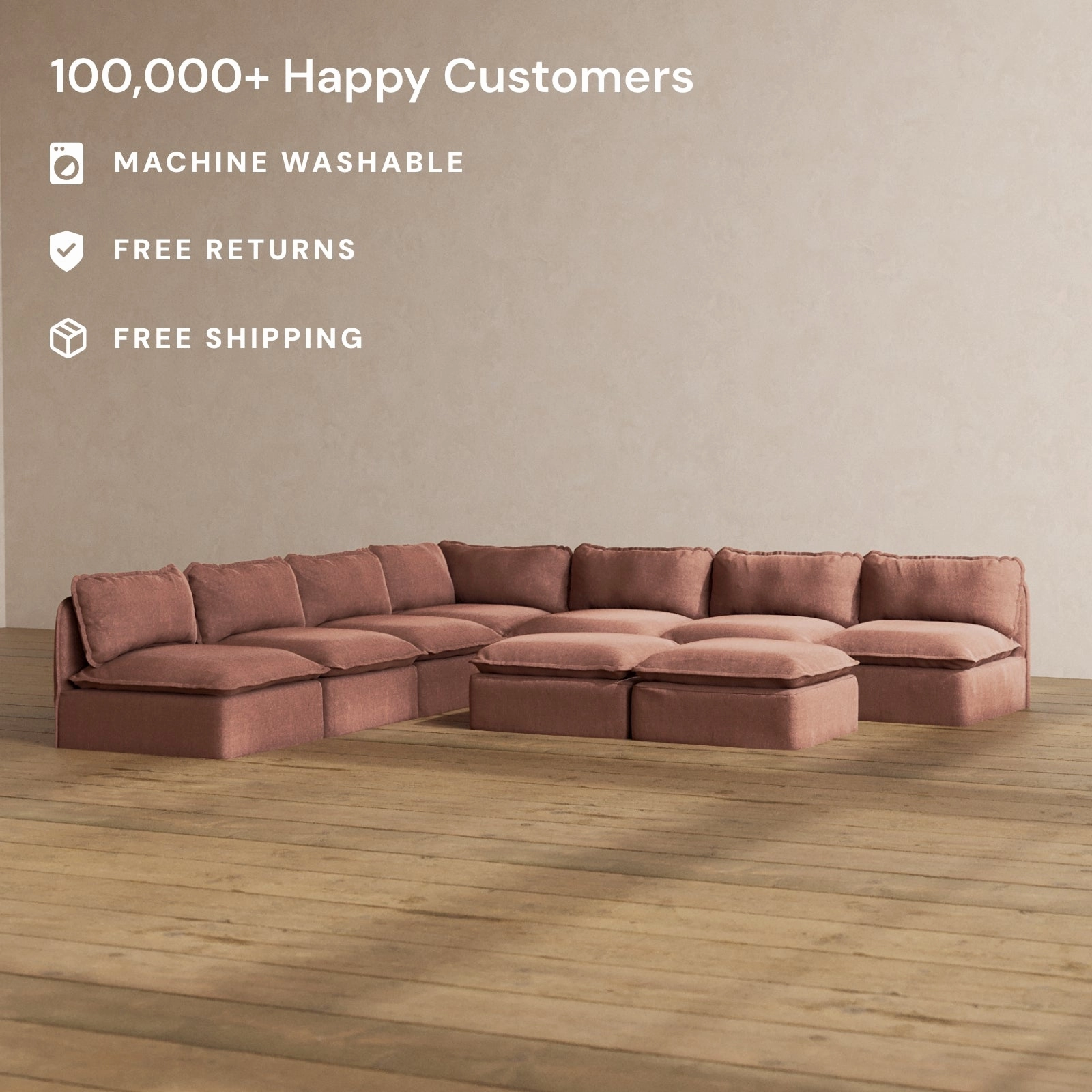 Modular Washable 7-Seater Open-Ends Corner Sectional   Bench Ottoman in Chestnut | Memorix  Seat | Contour Pillow