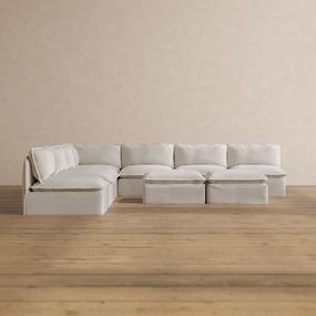 Modular Washable 7-Seater Open-Ends Corner Sectional   Bench Ottoman in Powder | Memorix  Seat | Contour Pillow