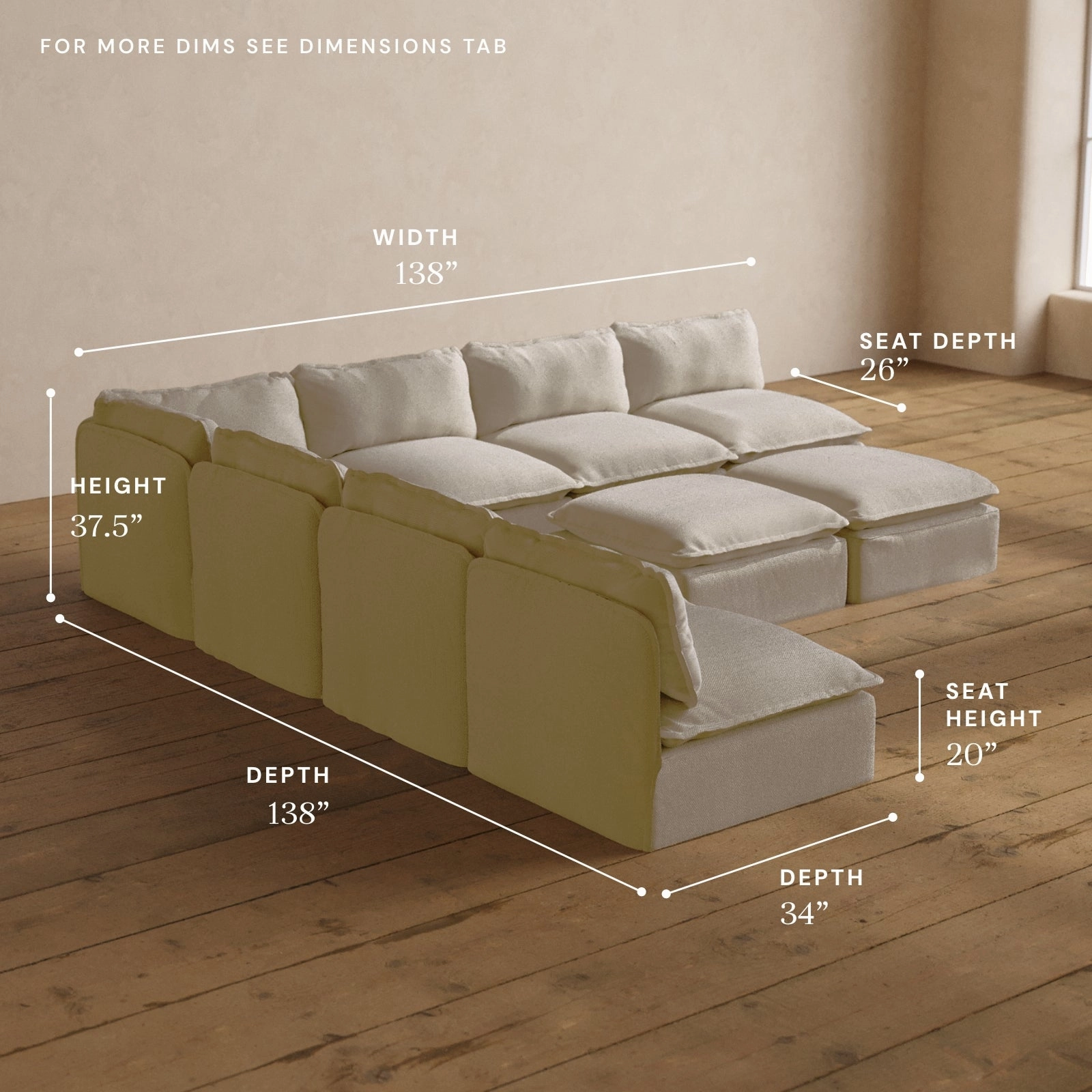 Modular Washable 7-Seater Open-Ends Corner Sectional   Bench Ottoman in Powder | Memorix  Seat | Contour Pillow
