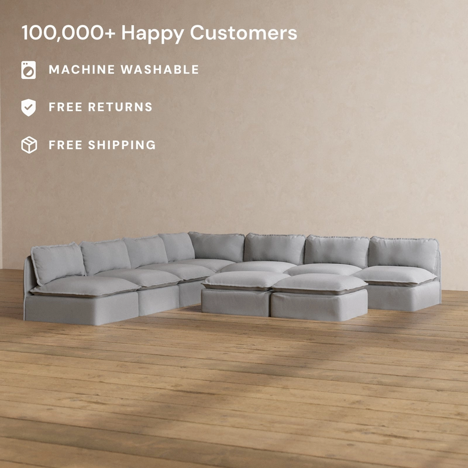 Modular Washable 7-Seater Open-Ends Corner Sectional   Bench Ottoman in Pumice | Memorix  Seat | Contour Pillow
