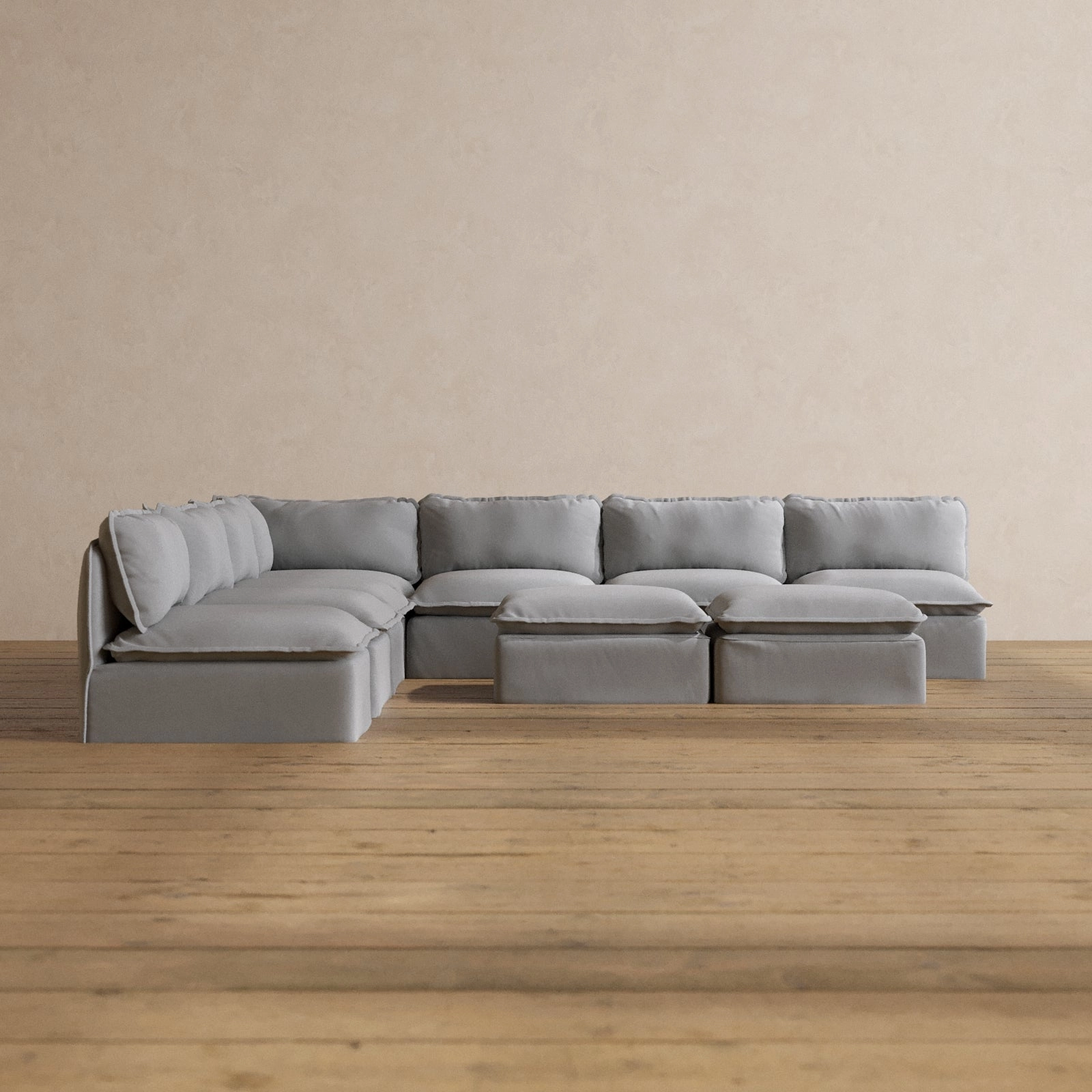 Modular Washable 7-Seater Open-Ends Corner Sectional   Bench Ottoman in Pumice | Memorix  Seat | Contour Pillow