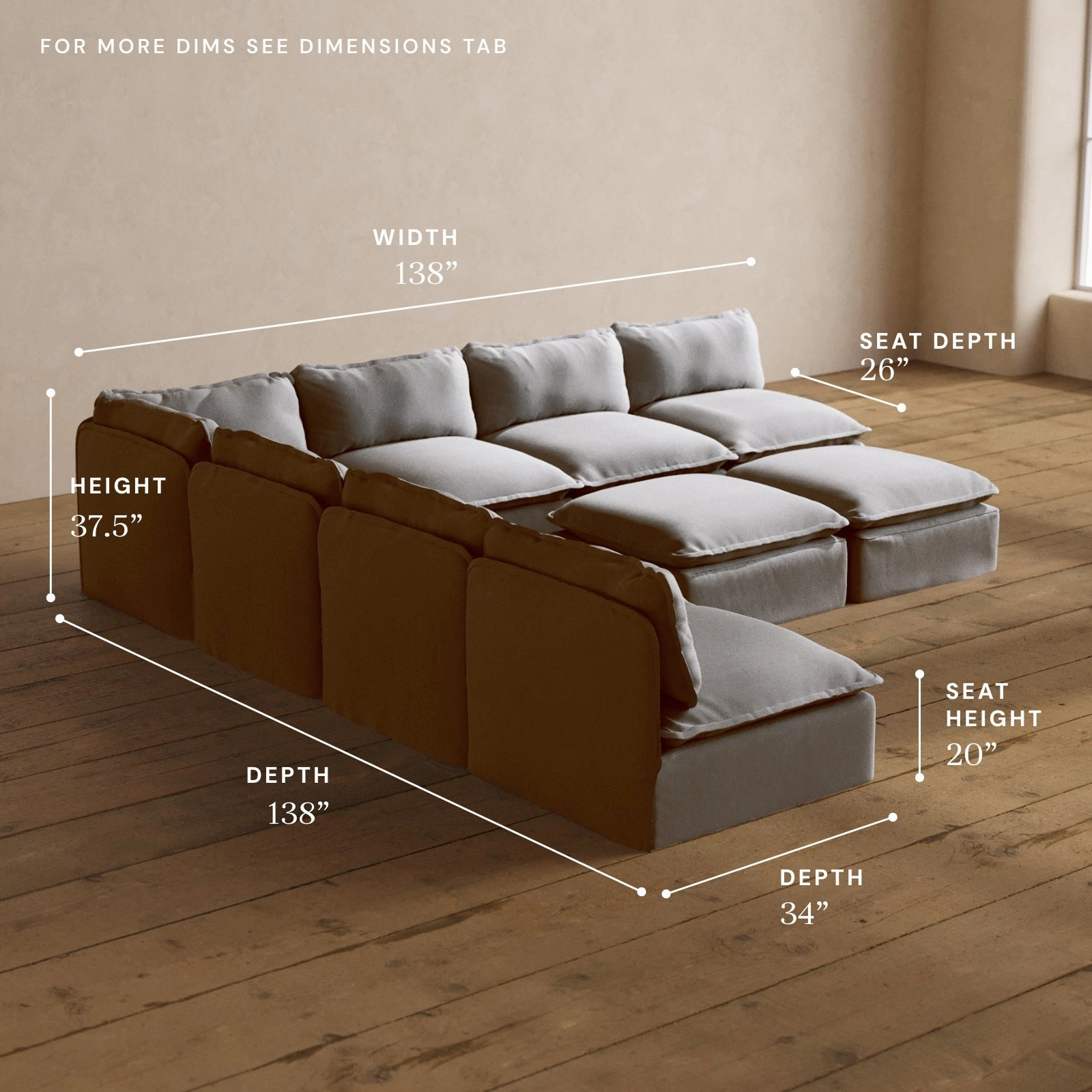 Modular Washable 7-Seater Open-Ends Corner Sectional   Bench Ottoman in Pumice | Memorix  Seat | Contour Pillow