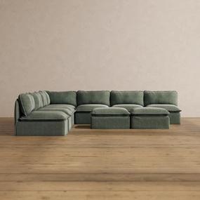 Modular Washable 7-Seater Open-Ends Corner Sectional   Bench Ottoman in Willow | Deluxe  Seat | Cloud Pillow