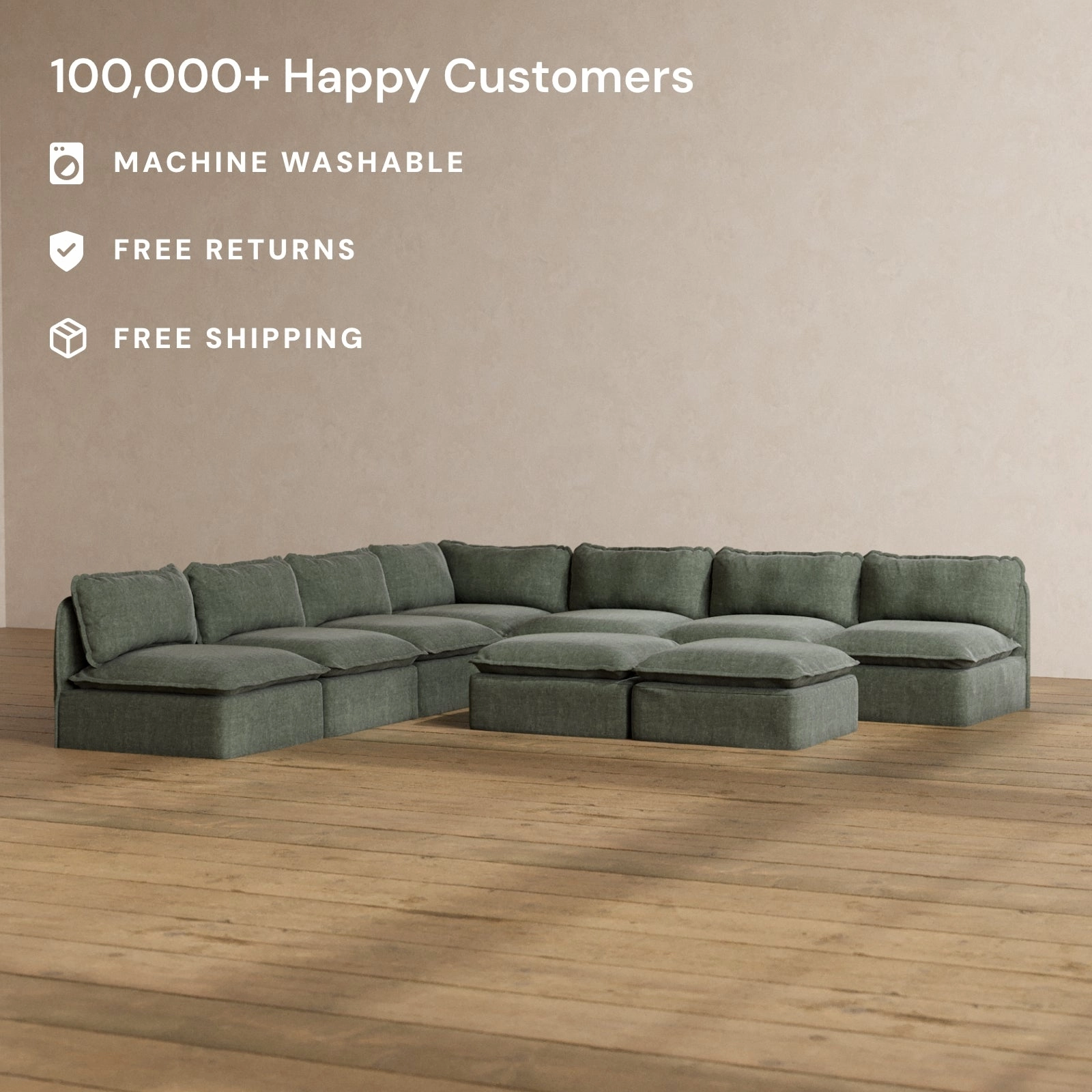 Modular Washable 7-Seater Open-Ends Corner Sectional   Bench Ottoman in Willow | Deluxe  Seat | Cloud Pillow