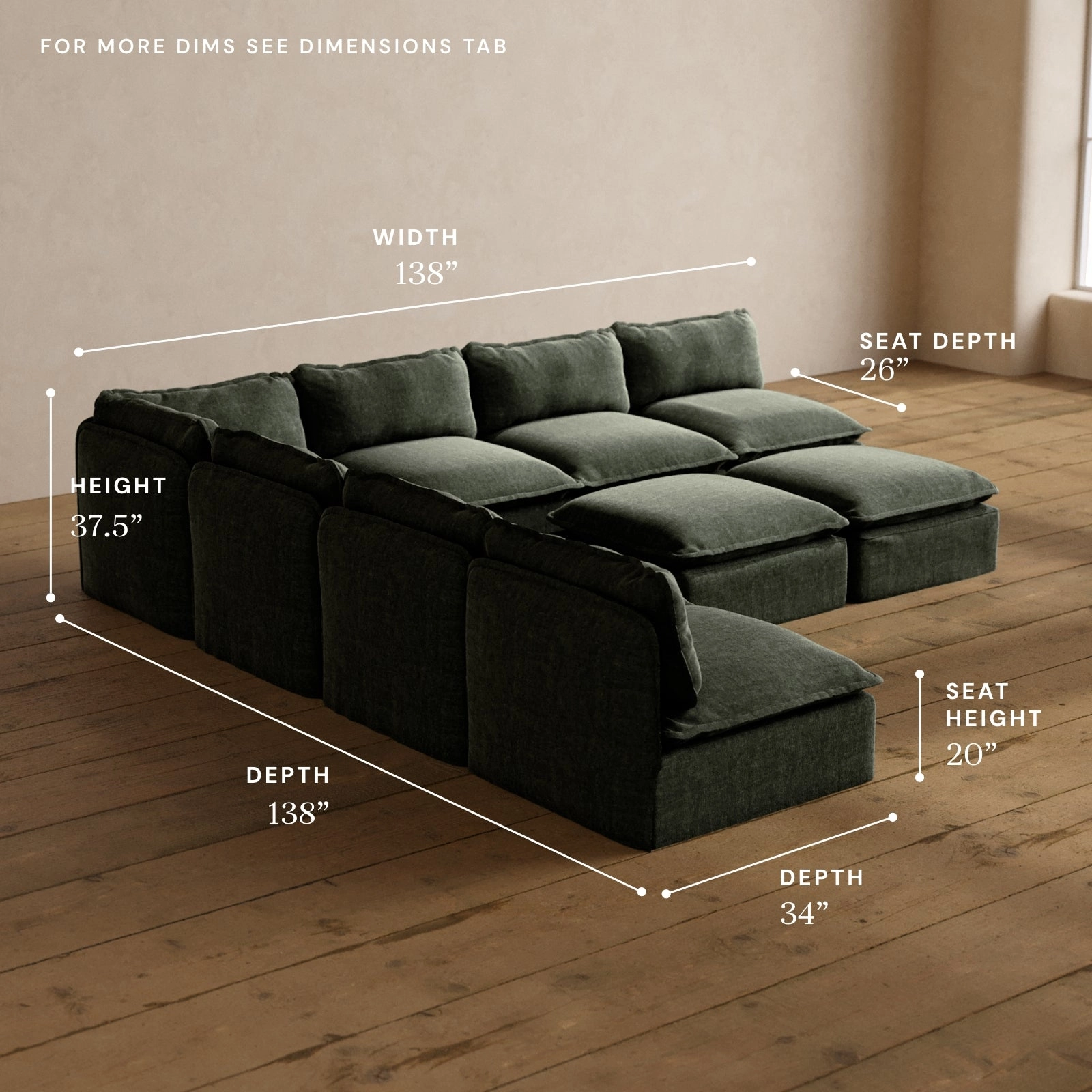 Modular Washable 7-Seater Open-Ends Corner Sectional   Bench Ottoman in Willow | Deluxe  Seat | Cloud Pillow