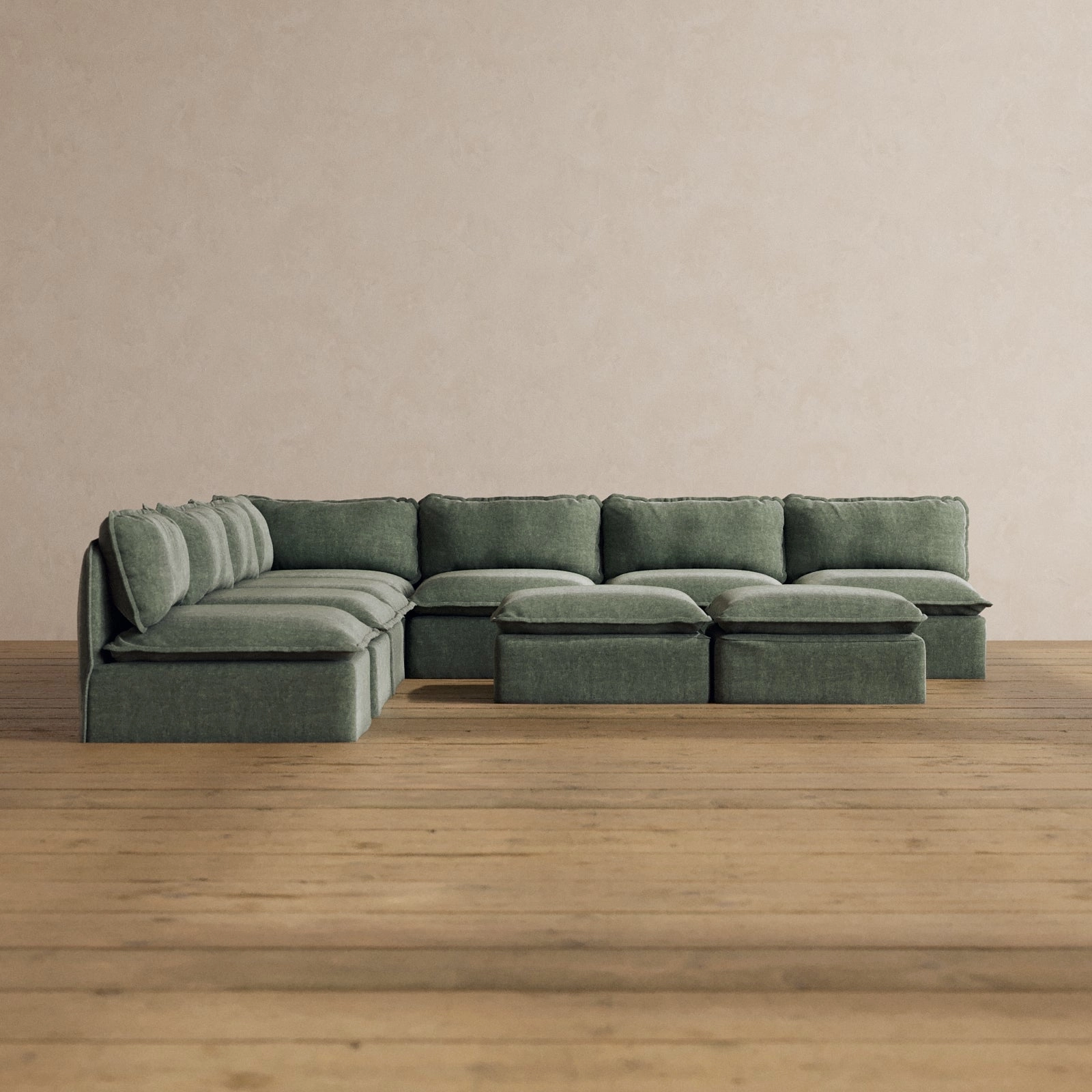 Modular Washable 7-Seater Open-Ends Corner Sectional   Bench Ottoman in Willow | Deluxe  Seat | Cloud Pillow