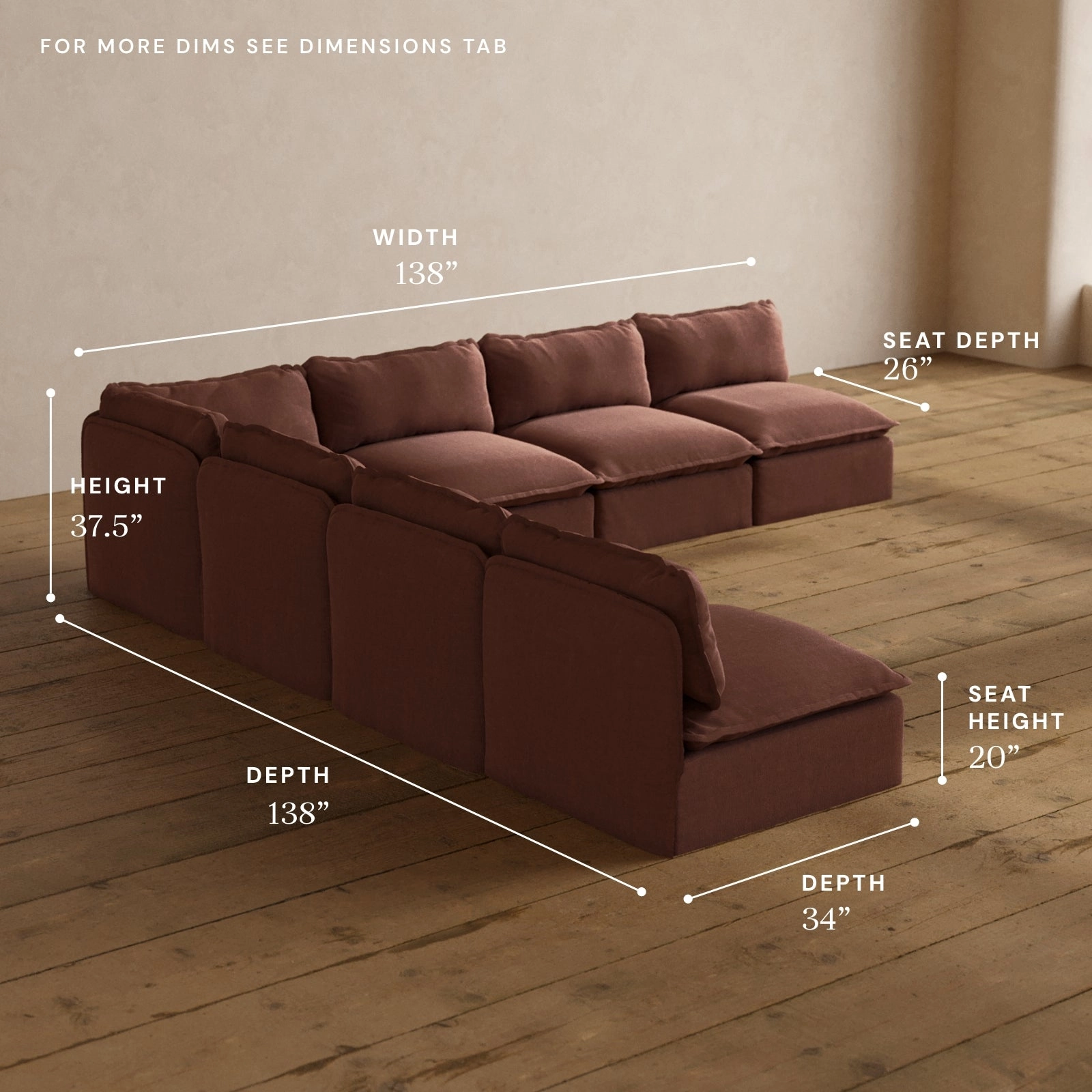Modular Washable 7-Seater Open-Ends Corner Sectional in Chestnut | Memorix  Seat | Contour Pillow