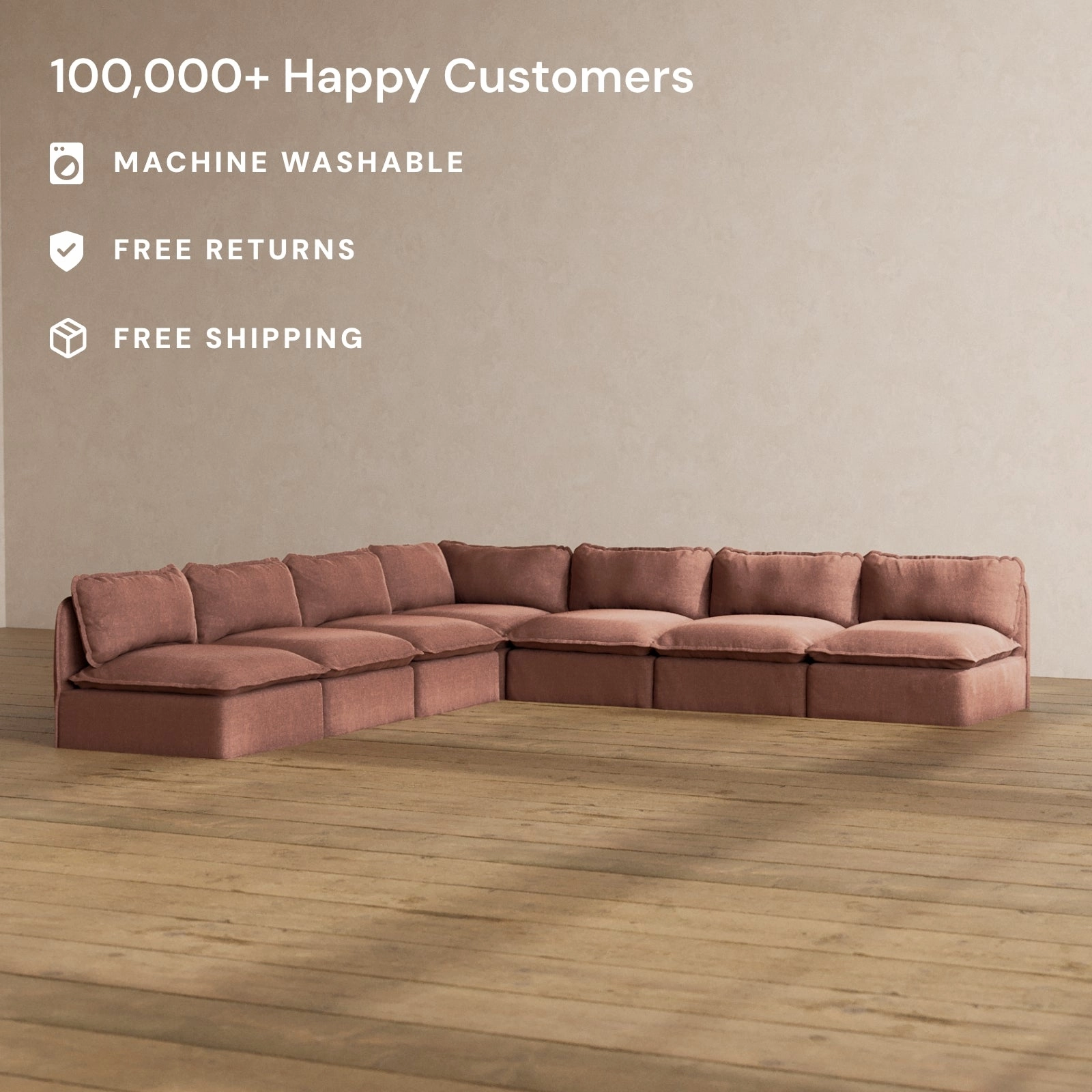 Modular Washable 7-Seater Open-Ends Corner Sectional in Chestnut | Memorix  Seat | Contour Pillow