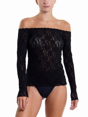 Signature Lace Off The Shoulder Long Sleeve Top Black Sale